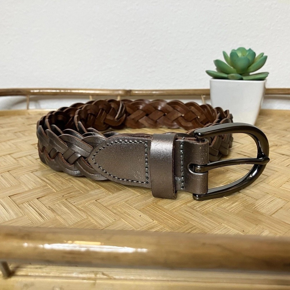 Bonded Leather Belt Woven Braided Womens L Neutral Silver Tone Metallic Metal